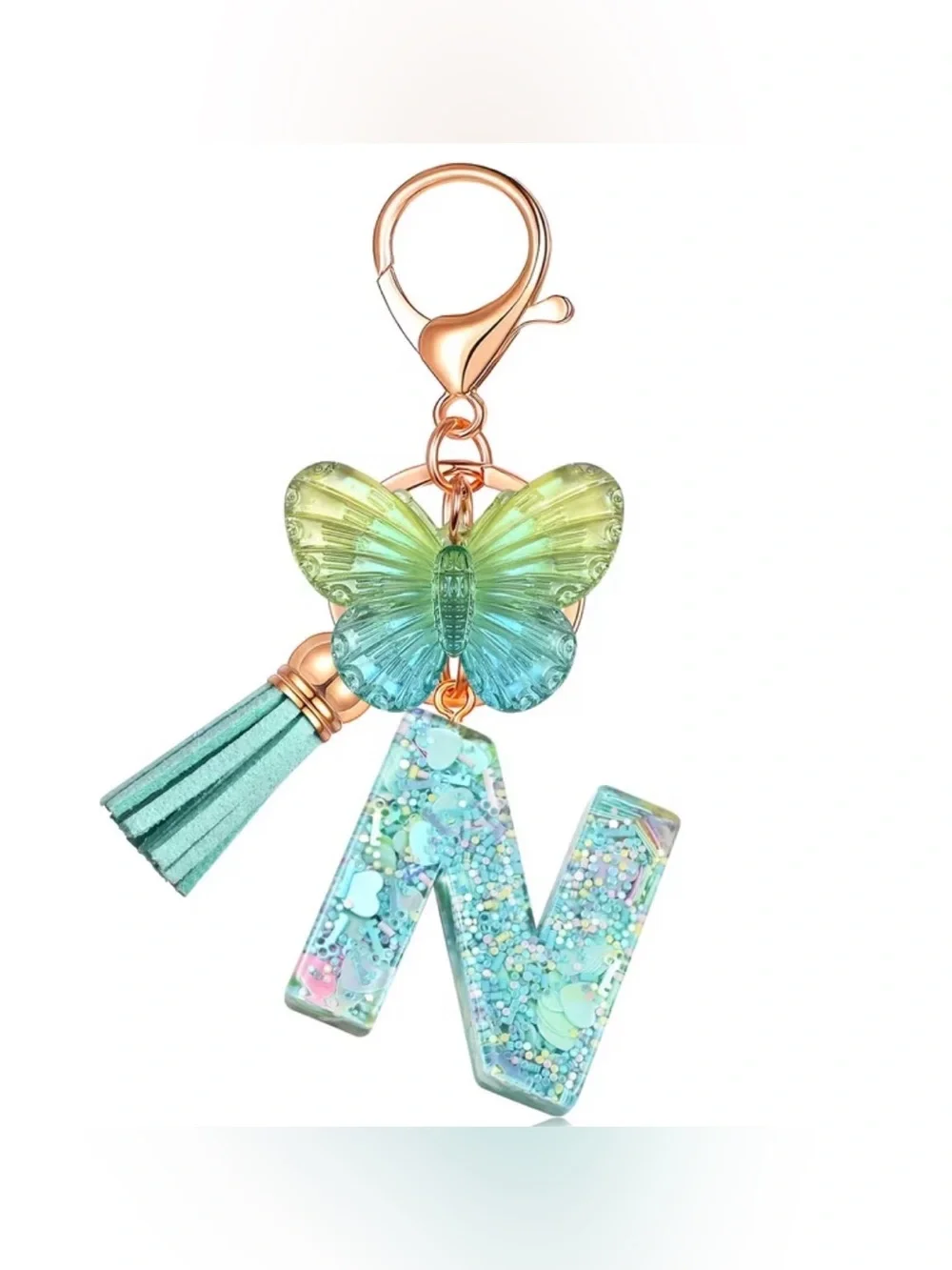N Initial Butterfly Tassel Keychain Charm — Aqua Green